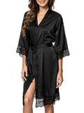 1 x RAW Customer Returns Tuopuda Women s Bathrobe, Satin Kimono Dressing Gown Summer, Lace Nightgown with Pockets, Short Robe with Belt, Floral Lace Nightwear Sleepwear for Party, Wedding, Bride, Bridesmaids, Black, S - RRP €22.99