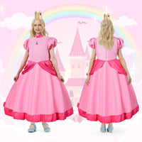 1 x RAW Customer Returns Aomig Princess Peach Costume for Girls, 2 Pcs Super Bros Pink Princess Dress Up with Crown 2 Hair Clips, Pink Princess Peach Outfit, Kids Fairy Peach Princess Dress for Cosplay Halloween - RRP €18.99