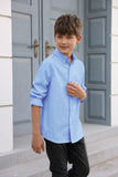 1 x RAW Customer Returns Boys Long Sleeve Shirts Cotton Casual Shirt Kids Solid Color Shirt Top with Chest Pocket, Blue, 12-14 Years - RRP €26.21