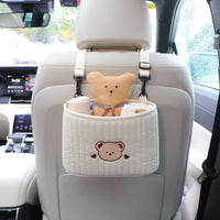 4 x Brand New VOXURY Car Seat Organizer, Storage Bag Between Car Seats, Pocket Handbag Holder for Handbags Snacks Wallets Drinks, White Material with Bear - RRP €67.36