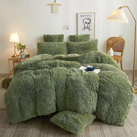 1 x RAW Customer Returns Michorinee plush bed linen 135x200 4-piece winter fluffy warm duvet cover fleece long hair faux fur plush bed linen set zip - 2 x 135 x 200 2 x 80 x 80 cm sage green - RRP €80.66