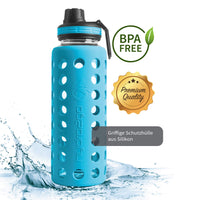 1 x RAW Customer Returns hydro2go glass drinking bottle with silicone cover 950 ml - dishwasher safe 2 interchangeable lids 100 leak-proof BPA-free - glass bottle for smoothies, office, fitness, yoga, sport outdoor - RRP €33.23