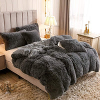 1 x RAW Customer Returns Michorinee Plush Bed Linen 135 x 200 4-piece Winter Fluffy Warm Duvet Cover Fleece Fluffy Long Hair Faux Fur Plush Bed Linen Set with Zipper - 2 x 135 x 200 cm 2 x 80 x 80 cm Gray - RRP €80.66