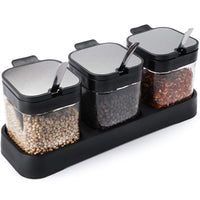 1 x RAW Customer Returns WUWEOT spice container set of 3 made of glass 220 ml spice jars spice jars spice rack glass spice box sugar and salt jar set with lid spoon and holder for kitchen and dining table black - RRP €15.12