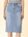 1 x RAW Customer Returns Allegra K Women s High Waist Denim Skirt Pockets Knee Length Jeans Skirt Midi Skirt Light Blue L - RRP €50.41