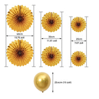 9 x Brand New VIKY Party Decoration Birthday Gold, 6 Paper Fans Decoration and 10 Balloons Gold, Tissue Paper Pompoms Decoration, Hanging Paper Fans Paper Flowers for Golden Wedding Decoration, Birthday Decoration, Wedding Decoration - RRP €183.6