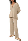 1 x RAW Customer Returns Uusollecy Lounge Set Women Wide Leg Knitted Suit Casual Loose Tracksuit Jogging Suit Khaki XL - RRP €50.41