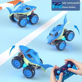 8 x Brand New Direct charging remote-controlled car amphibious vehicle in shark look, 2.4GHz 4WD 360 flip RC stunt car with LED light, monster truck RC car toy gift for children from 3 years boy girl - RRP €343.92