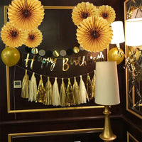 9 x Brand New VIKY Party Decoration Birthday Gold, 6 Paper Fans Decoration and 10 Balloons Gold, Tissue Paper Pompoms Decoration, Hanging Paper Fans Paper Flowers for Golden Wedding Decoration, Birthday Decoration, Wedding Decoration - RRP €183.6