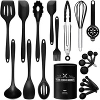 1 x RAW Customer Returns 22 Piece Kitchen Utensil Set, Wildone Silicone Cooking Utensils Cooking Cutlery Set with Utensil Holder, Heat Resistant Cookware Set, Non-Stick Coating, Dishwasher Safe Black  - RRP €19.99