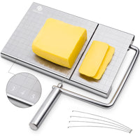 4 x RAW Customer Returns Cheese cutter, cheese slicer stainless steel, wire cheese cutter for cheese butter, cheese slicer with cutting wire and measuring plate board size 12 x 21 cm , variable cutting thickness, cuts very well-silver - RRP €71.96