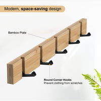 1 x RAW Customer Returns ANVODE Hook Rail Coat Hooks Wood, Bamboo Coat Rack Foldable Wall Coat Rack with 5 Movable Hooks for Jackets, Hats and Handbags 42cm  - RRP €17.99