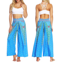 1 x RAW Customer Returns Nuofengkudu Women s Summer Trousers Hippie Long Trousers with Slit Loose Wide Leg Palazzo Colorful Flowy Yoga Trousers Airy Elegant Light Leisure Summer Beach Holiday Blue Peacock, Size M, Label S M  - RRP €24.99