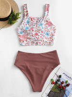 1 x RAW Customer Returns ZAFUL Two Piece Bikini Set, Knotted Top Tankini with Floral Print Sexy Beachwear Summer M, Floral Maroon  - RRP €39.99