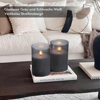 3 x Brand New Rhytsing Set of 2 Giant Gray LED Candles in Classic Ribbed Glass with Remote Controls, Pillar Candles for Weddings and Churches, H10cm - RRP €57.6