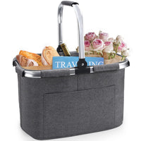 1 x RAW Customer Returns Pynhoklm 30L Shopping Basket Picnic Basket with Aluminum Handle Foldable Basket Shopping Bag Carrying Basket Shopping Aid for Travel Picnic Shopping Grey  - RRP €32.99