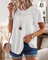 1 x Brand New BebreezChic T-Shirt Women Summer 2023 Boho Lace Blouse Short Sleeve Round Neck Swiss Dot Loose Tunic Casual Shirt T-Shirt Top, White S - RRP €24.59