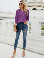 1 x RAW Customer Returns Bequemer Laden Summer Women s Shirt V-Neck T-Shirt 3 4 Sleeves and Button Chiffon T-Shirt Elegant Loose Top T Shirt Blouse, Purple, M - RRP €27.99