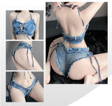 1 x RAW Customer Returns SINMIUANIME Women Denim Bikini Set Bra Panties Cosplay Lingerie Jeans Shorts for Beach Game and Bar Nightclub Performance 8025Denim, Small  - RRP €28.46