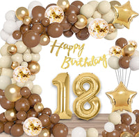 1 x Brand New 18th birthday decoration, 18th birthday boy girl, decoration for 18th birthday girl, sand white brown gold birthday garland with happy birthday banner and stars balloon - RRP €12.78