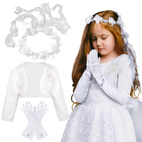 1 x RAW Customer Returns BOFUNX Communion Girls Bolero Shoulder Jacket Communion Hair Wreath Headband White Bow Gloves for First Communion Flower Girl Wedding 140CM - RRP €18.14