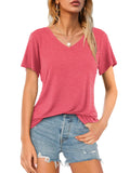 1 x RAW Customer Returns Amoretu Summer Tunic Women Elegant V Neck T-Shirt Wide Shirts Blouse Pink M - RRP €23.99