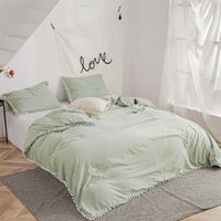 1 x Brand New Pom Pom Duvet Cover Set, Plain Farmhouse Bedding Set with White Fringe Ball, Ultra Soft and Breathable Washed Microfiber Duvet Cover - 3 Pieces Green, 135x200cm 50x75cm 1  - RRP €25.4