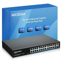 1 x RAW Customer Returns 24 Port PoE Switch Unmanaged, 24 Port PoE 300W, 2 Gigabit Uplink Ports, NICGIGA 26 Port Network Power Over Ethernet Switch, VLAN Mode, 250m Extend, 19 inch RackMount, Plug and Play. - RRP €120.89