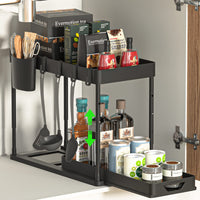 1 x RAW Customer Returns SKYSER Under Sink Shelf Kitchen Organizer 2-Tier Drawer Organizer Liftable Cabinet Organizer Kitchen, with 4 Hooks, 8 Non-Slip Pads 1 Hanging Cup Organizer Storage Black  - RRP €22.94