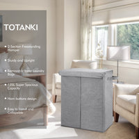 1 x Brand New TOTANKI 135L Laundry Basket 2 Compartments with Lid and Removable Laundry Bags, Collapsible Laundry Hamper with Handles, Divided Laundry Basket for Bedroom, College, Bathroom Grey  - RRP €53.05