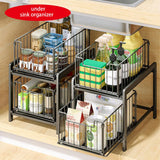 1 x RAW Customer Returns YunNasi Kitchen Shelf with 2 Basket Pull-Outs Under Cabinet Shelf 2 Levels Spice Rack Stainless Steel Sliding Drawer Storage Bathroom Organizer for Home and Office Regular, Black  - RRP €33.31