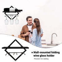 1 x RAW Customer Returns Metal Wall Mounted Wine Holder Stemware Glass Rack, Upgrade Collapsible Wall Hanging Red Wine Rack Organizer with 3 Stemware Holders, Black Wine Bottle Hanger for Home Kitchen Bar Wall Decor - RRP €18.14