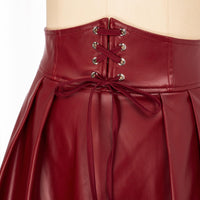 1 x RAW Customer Returns Women s Steampunk Skirt Faux Leather High Waist with Lace-Up Front Retro Sexy Skirt Dark Red L - RRP €27.53