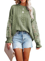 1 x RAW Customer Returns Maavoki Pullover Women s Lace Knitted Jumper, Casual Crew Neck Lace Long Sleeve Crochet Jumper, Elegant Plain Knitted Top Patchwork Tops Knitted Long Sleeve Shirt Green S - RRP €33.26