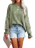 1 x RAW Customer Returns Maavoki Pullover Women s Lace Knitted Jumper, Casual Crew Neck Lace Long Sleeve Crochet Jumper, Elegant Plain Knitted Top Patchwork Tops Knitted Long Sleeve Shirt Green S - RRP €33.26