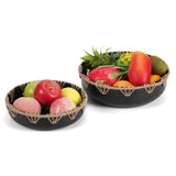 6 x Brand New JAZUIHA Set of 2 black fruit bowls, fruit basket in country house style, decorative bowl for kitchen, living room, dining table, metal decorative bowl, table decoration with jute ornaments, decorative plate for fruit, - RRP €150.06