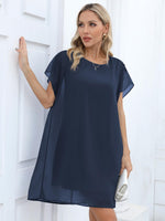 1 x RAW Customer Returns Missufe Short Summer Dress Mini Dress Round Neck Casual Dress Women Chiffon Batwing Sleeve Dresses with Belt Navy Blue, Medium  - RRP €37.3