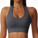 1 x RAW Customer Returns Vertvie Halterneck Sports Bra Backless Fitness Bustier Women Padded Push Up Bra Without Wire Sports Bra Top Yoga Bra Medium Support Workout Dark Gray, S  - RRP €19.15