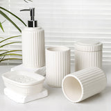 1 x RAW Customer Returns NOVAJOY Bathroom Set Ceramic 5 Pieces, Bathroom Organizer with Soap Dispenser, Soap Dish, Toothbrush Holder, Cotton Swab Canister, Beige White Matt High Quality Bathroom Decoration Set - RRP €40.99