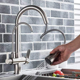 1 x RAW Customer Returns Onyzpily Brushed Nickel Pure Water Kitchen Faucet with Extendable Double Handle Hot and Cold Drinking Water 3 Way Filter Kitchen Mixer Taps - RRP €71.59