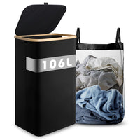 1 x RAW Customer Returns OSTWOLKE 106L laundry basket with lid, laundry baskets, waterproof laundry container, foldable laundry bags with bamboo handle and inner pocket, portable, removable laundry bag 44 x 33 x 73 cm  - RRP €27.99