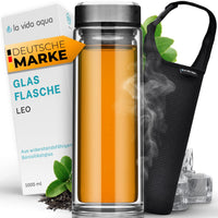 1 x RAW Customer Returns LA VIDA AQUA glass bottle LEO 1 liter - 1l tea bottle with strainer for tea, water smoothie to go - water bottle with tea strainer protective cover to take with you - glass drinking bottle for on the go - RRP €24.91