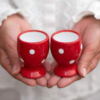 1 x RAW Customer Returns City to Cottage - Ceramic egg cup set Red and white Polka dots Handmade Ceramic tableware set 2 egg cups in a set - RRP €23.15