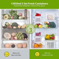 1 x RAW Customer Returns Luxear food storage containers fruit vegetables with lid sieve, storage containers set of 5 5.8L 3.8L 2.3L 1.3L 0.7L BPA free, food storage boxes tightly separable, refrigerator organizer set white - RRP €34.21