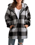 1 x RAW Customer Returns ABINGOO Women s Teddy Fleece Coat Checked Warm Winter Jacket Hooded Jacket Fluffy Plush Jacket Zip Sweatshirt with Hood and Pockets Black, XL  - RRP €34.27