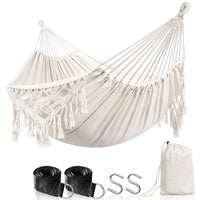 1 x RAW Customer Returns Anyoo Hammock Outdoor Tassels Hammock with Tree Straps, Comfortable and Breathable Cotton Hammock with Carrying Bag for Patio Balcony Yard Garden White - RRP €46.03