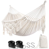 1 x RAW Customer Returns Anyoo Hammock Outdoor Tassels Hammock with Tree Straps, Comfortable and Breathable Cotton Hammock with Carrying Bag for Patio Balcony Yard Garden White - RRP €46.03