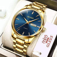 1 x RAW Customer Returns OLEVS Men s Watches Golden Blue Stainless Steel Strap Quartz Watch Men with Weekday Date Waterproof Luminous Classic Elegant Wristwatch Gift - RRP €50.08