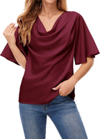 1 x RAW Customer Returns ArtJuly Blouse Women Wine Red Summer Elegant Tunic Short Sleeve Waterfall Collar Tops Flowy Bell Sleeve Summer Blouses Loose Satin Blouses Flowing Silk Blouse, Wine Red, 2XL - RRP €27.99