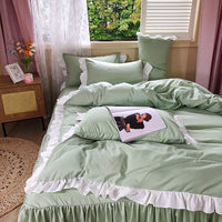 1 x RAW Customer Returns AShanlan Ruffle Bedding 135x200 4-piece Green White Romantic Ruffle Bedding Set Super Soft Microfiber Summer Green Duvet Cover with Pillowcase 80x80 cm Zipper - RRP €60.49